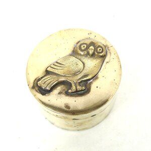 Brass Round Trinket Box with Raised Owl Motif on Lid, Jewelry Box Vintage MCM